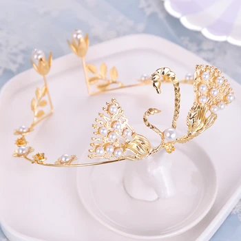 Zlata, Srebrna Barva Swan Tiara In Krono Baročna Poroka Poročni Dodatki Za Lase Družico Dekle Pearl Princesa Headdress Glavo