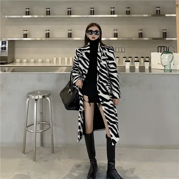 ZOSOL Maozi plašč ženski jesen/zima 2020 novo Hepburn veter zebra print srednje dolžine debelo obleko ovratnik plašč