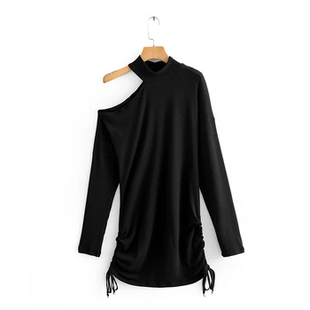 ZXQJ Elegantne Ženske Asimetrične Votlih Iz Obleke 2020 Moda za Ženske Črna Mini Draped Obleko Seksi Ženska Elegantna Pletene Vestidos