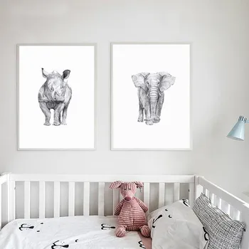 Črno Beli Nosorog Slon Živali Plakat Platno, Tisk Slikarstvo Wall Art otroška Soba Dekoracijo Doma