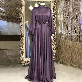 Šifon Muslimanskih Arabski Dolge Rokave Večerne Obleke Vestidos De Festa Stranka Prom Oblačenja Visoko Vratu Kristali Formalno Noč Halje 2021