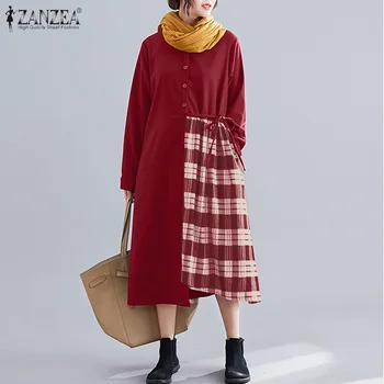 Ženska Jeseni Midi Obleko ZANZEA korejski Vestidos Ženski Priložnostne Nezakonitih Haljo Moda Kariran Mozaik tam kaftan Preobsežne