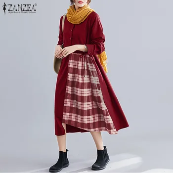 Ženska Jeseni Midi Obleko ZANZEA korejski Vestidos Ženski Priložnostne Nezakonitih Haljo Moda Kariran Mozaik tam kaftan Preobsežne