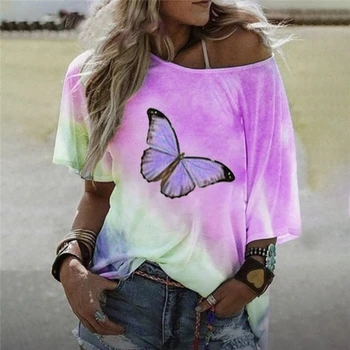 Ženska T Majica Butterfly sprememba Barve Natisnjene Poletje Vrhovi Tees Ženske Obleke Off Ramo Kij Rokav Priložnostne Ženska Majica s kratkimi rokavi
