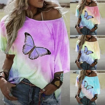 Ženska T Majica Butterfly sprememba Barve Natisnjene Poletje Vrhovi Tees Ženske Obleke Off Ramo Kij Rokav Priložnostne Ženska Majica s kratkimi rokavi