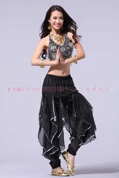 Ženske belly dance kostumi obleko (pet cvet vrhovi + šifon srebrna platišča obračanje hlače)2pcs/ustrezala ples trebuh oblačila