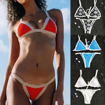 Ženske Seksi Brazilske Bikini Določa Tiskanja Čipke Oblazinjeni Povoj Bikini Komplet Kopalke Trikotnik, Kopalk, Kopalnih