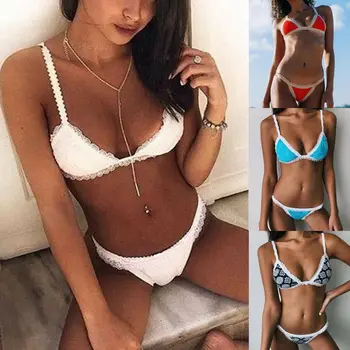 Ženske Seksi Brazilske Bikini Določa Tiskanja Čipke Oblazinjeni Povoj Bikini Komplet Kopalke Trikotnik, Kopalk, Kopalnih